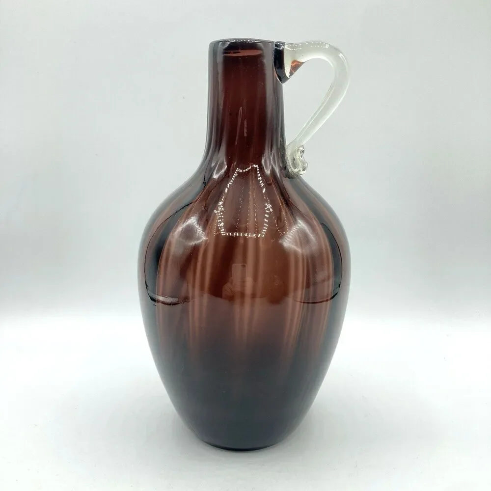 Vtg Handblown Art Glass Amethyst Ribbed Optic Jug Applied Clear Handle 8.75